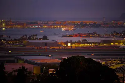 a view of a harbor at night with boats in the water at 26' SUNDECK OCEAN Panoramic VIEWS with AC Fast WiFi -902Mbps in San Diego