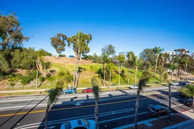 a view of a highway with palm trees and a hill at Awesome Balboa and Downtown View with Cozy Patio in San Diego
