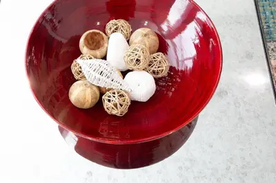 a red bowl filled with different types of mushrooms at The Most Beautiful Bay View from 1 Bedroom Apt in San Diego