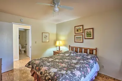 a bedroom with a bed and a ceiling fan at Borrego Springs Getaway with Private Pool and Views! in Borrego Springs