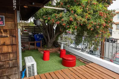 a group of red barrels sitting on the grass next to a tree at Special Studio in Center of San Diego in San Diego