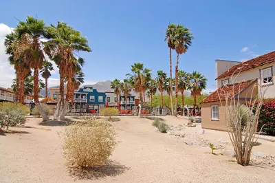 a dirt road with palm trees and a building at Palm Canyon Hotel and RV Resort in Borrego Springs