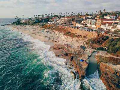 an aerial view of a beach with people and the ocean at The Rosemont III - La Jolla Luxury in San Diego