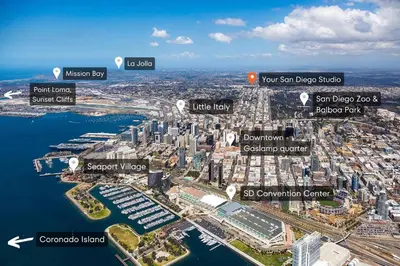a map of a city with buildings and a harbor at The San Diego Studio - Free Parking in San Diego
