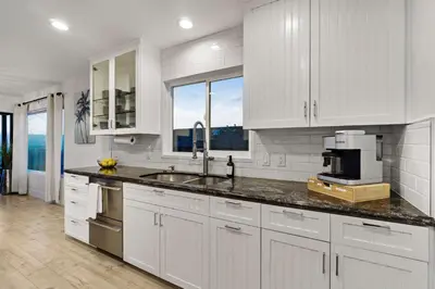 a white kitchen with a sink and a microwave at The California - On Top of San Diego in a Hot Tub in San Diego
