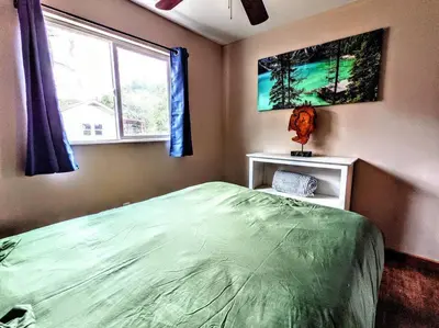 a bedroom with a green bed and a window at The Luminous Lodge-Remodeled Cabin W/ Valley Views in Santa Ysabel