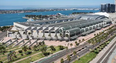 an overhead view of a large building with palm trees at Studio Free Parking Walk to Convention in San Diego