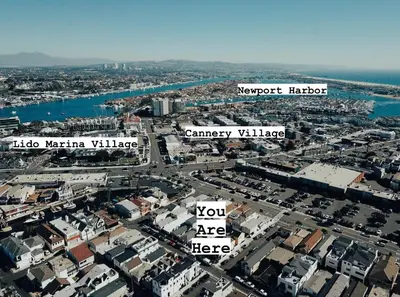 an aerial view of a city with buildings at Beach house in the heart of balboa peninsula in Newport Beach