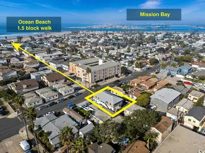 an aerial view of an urban beach is block walk at Newly Renovated 3BR Modern Apt in Heart of Ocean Beach in San Diego