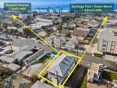 an aerial view of a city with a yellow line at Modern Luxury 2BR Apt in Heart of Ocean Beach in San Diego