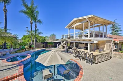 a house with a swimming pool and an umbrella at Vista Home with Pool about 11 Mi to Tamarack State Beach in Vista