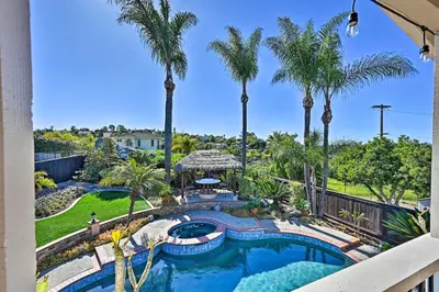 a view of a swimming pool with palm trees at Vista Home with Pool about 11 Mi to Tamarack State Beach in Vista