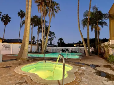 a swimming pool with a hot tub with palm trees at Ocean View Luxury Condo Oceanfront and Pool in San Diego