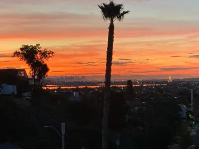 a palm tree in front of a sunset at Smashing Newly-Built with Ocean/Bay/City Views! in San Diego