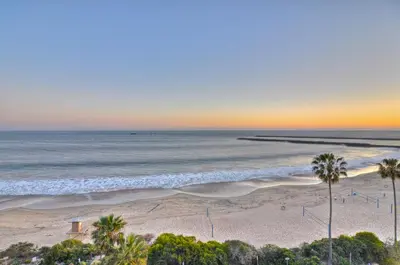 a beach with palm trees and the ocean at sunset at 313 E Bay Ave B in Newport Beach