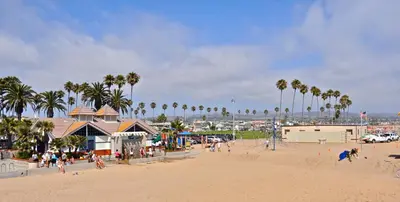 a beach with palm trees and people on the sand at 313 E Bay Ave A & B in Newport Beach