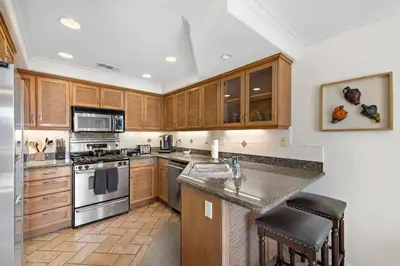a kitchen with wooden cabinets and stainless steel appliances at Villa Calypso in Laguna Beach